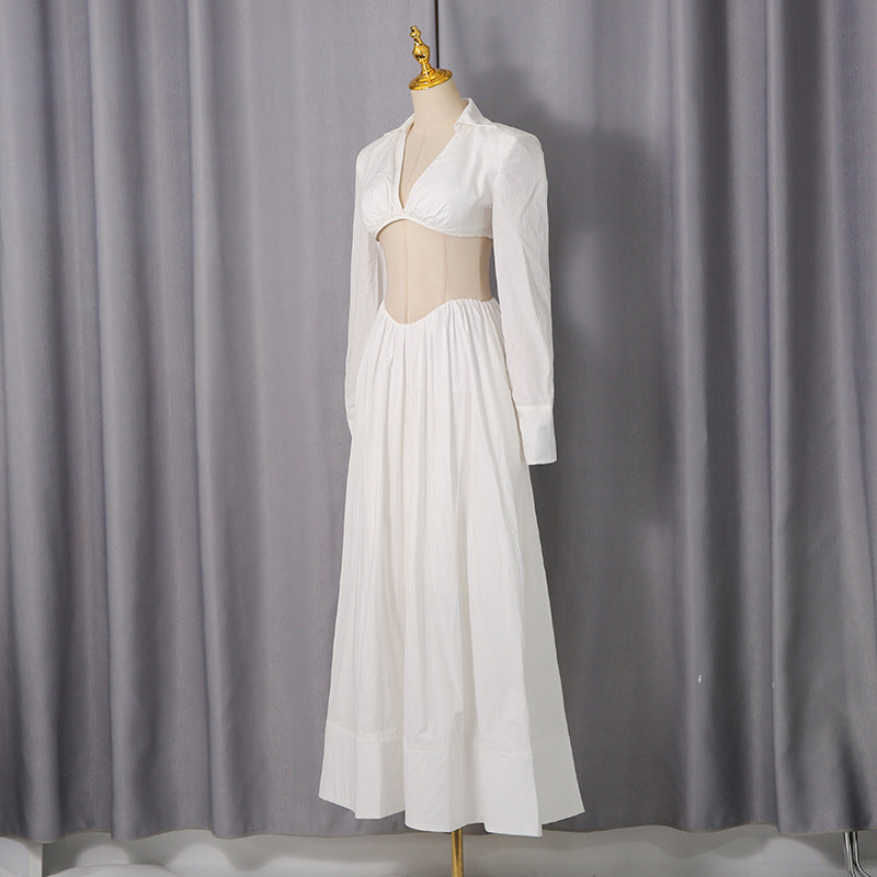 White Cutout Shirt Collar Two-Piece Set - Long Sleeve Crop Top & High-Waisted Maxi Skirt