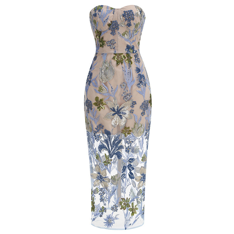 Embroidered Beaded Floral Strapless Dress