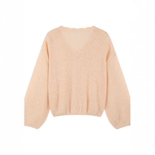 Cinnamon Hollow-Out V-Neck Relaxed Cardigan