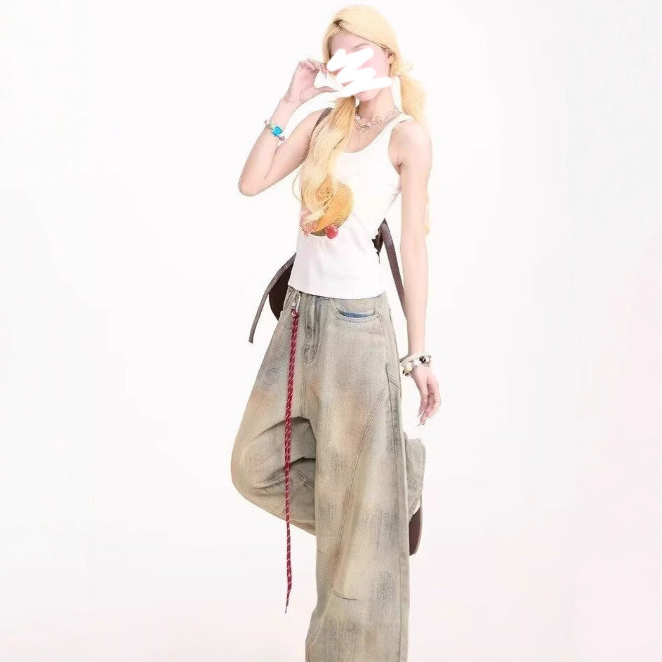 Washed High-Waisted Wide-Leg Rope-Detail Jeans