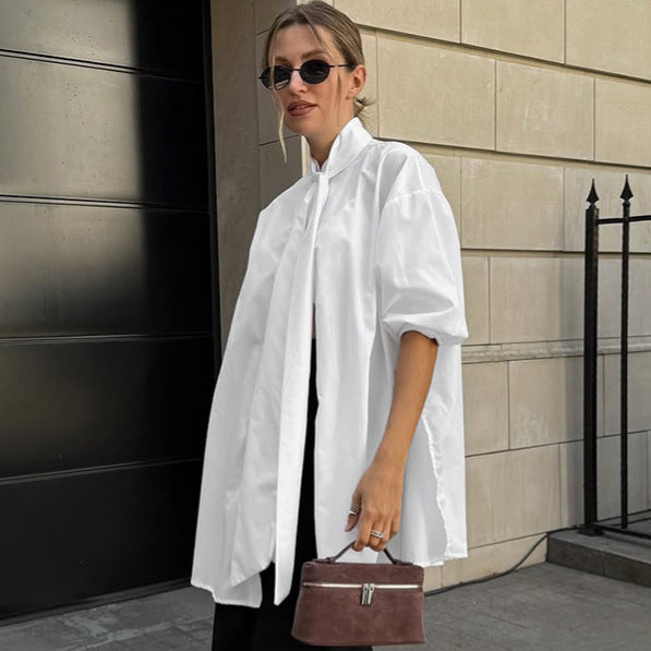 White Satin Tie-Neck Relaxed Workwear Blouse