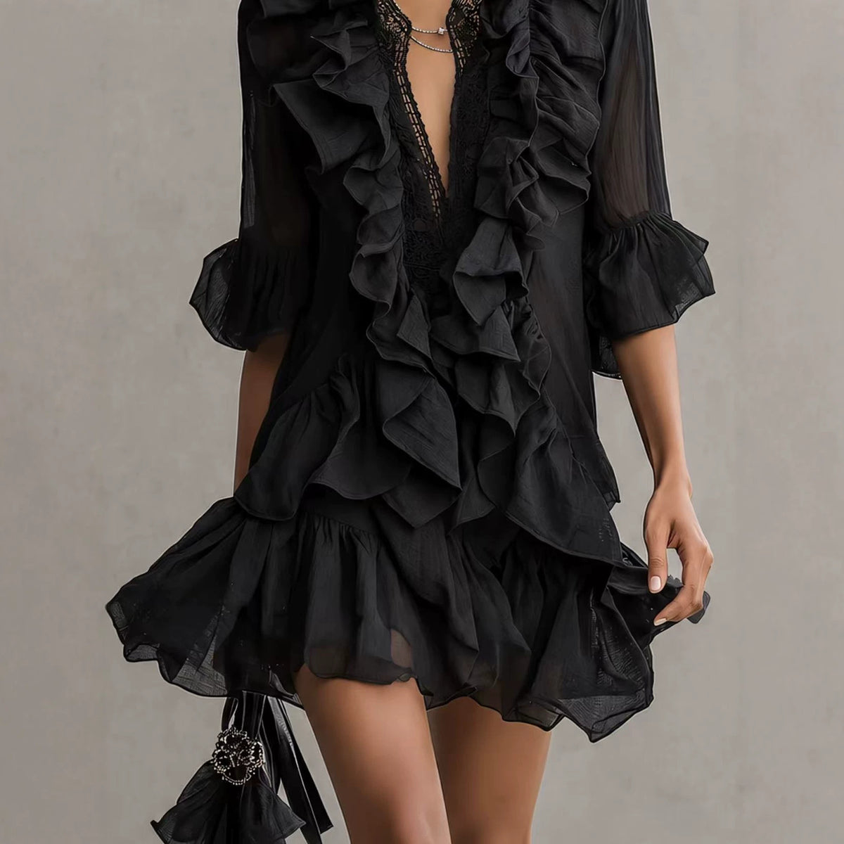 Black Ruffle-Front Bell-Sleeve Chiffon Mini Dress
