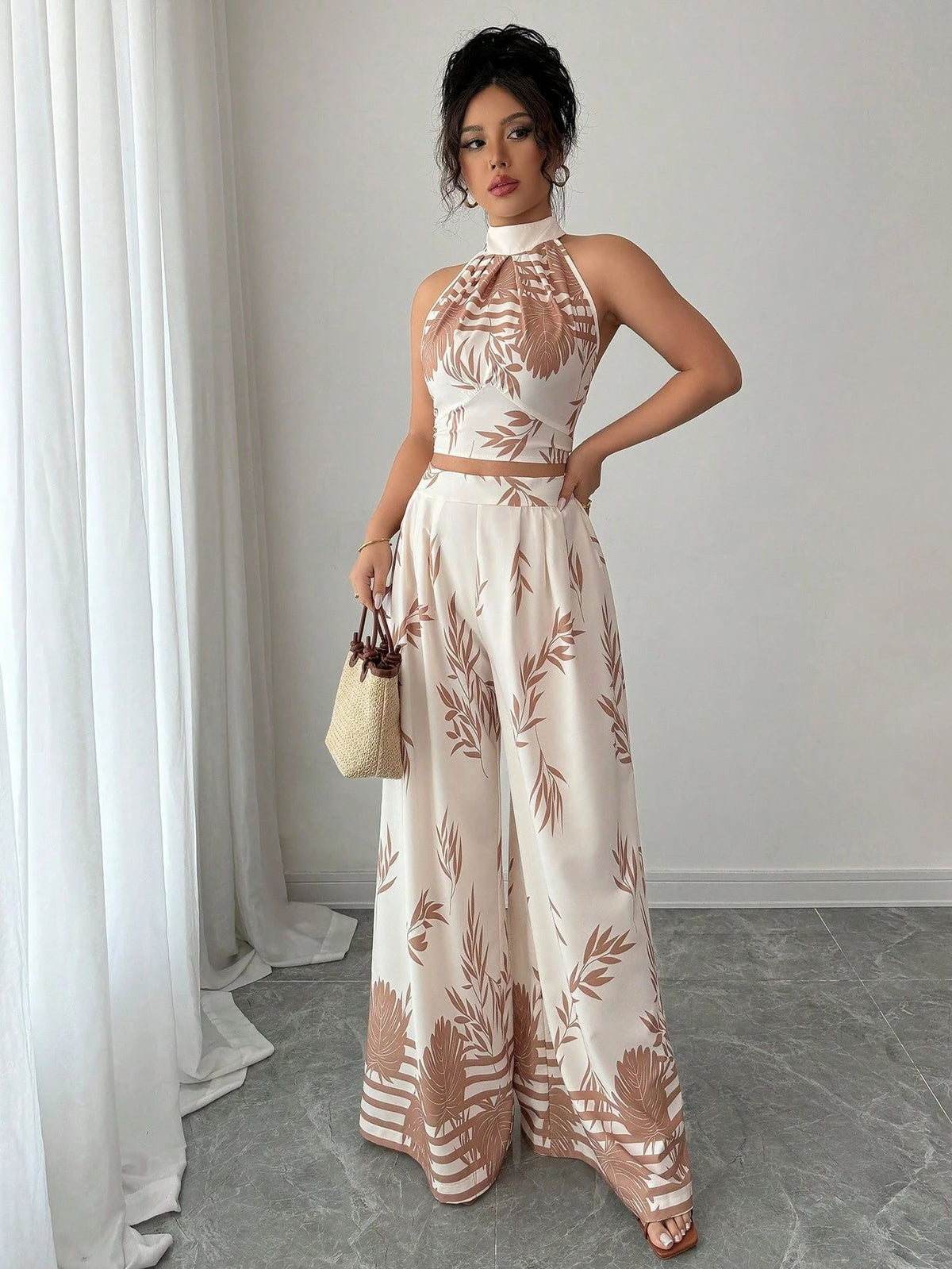 Botanical Print Halter Crop Top and Wide-Leg Pants Set