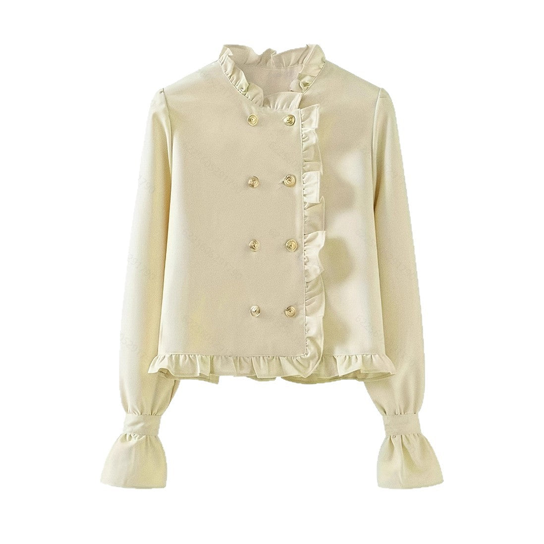 Champagne Satin Ruffle-Trim Double-Breasted Cardigan