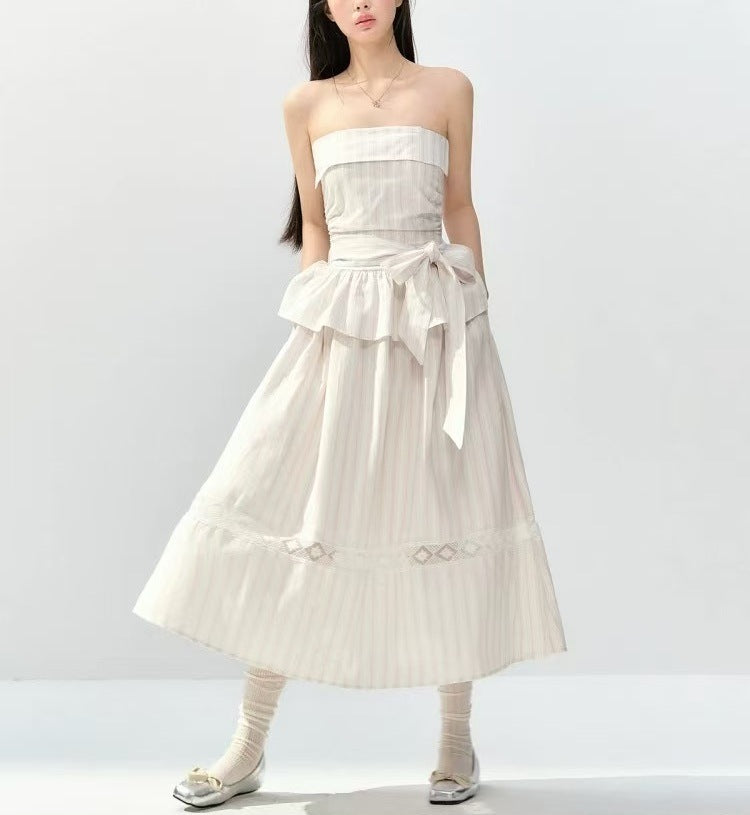 Striped Spaghetti Straps Bandeau Slim-fit Slimming Lace Up Dress
