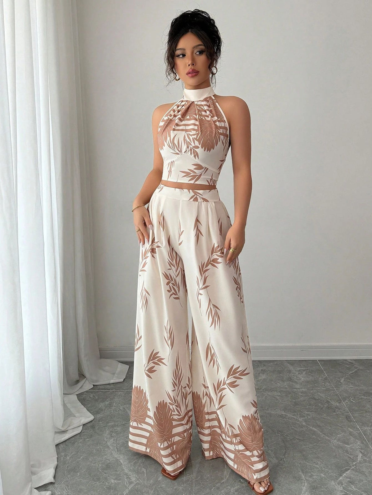 Botanical Print Halter Crop Top and Wide-Leg Pants Set
