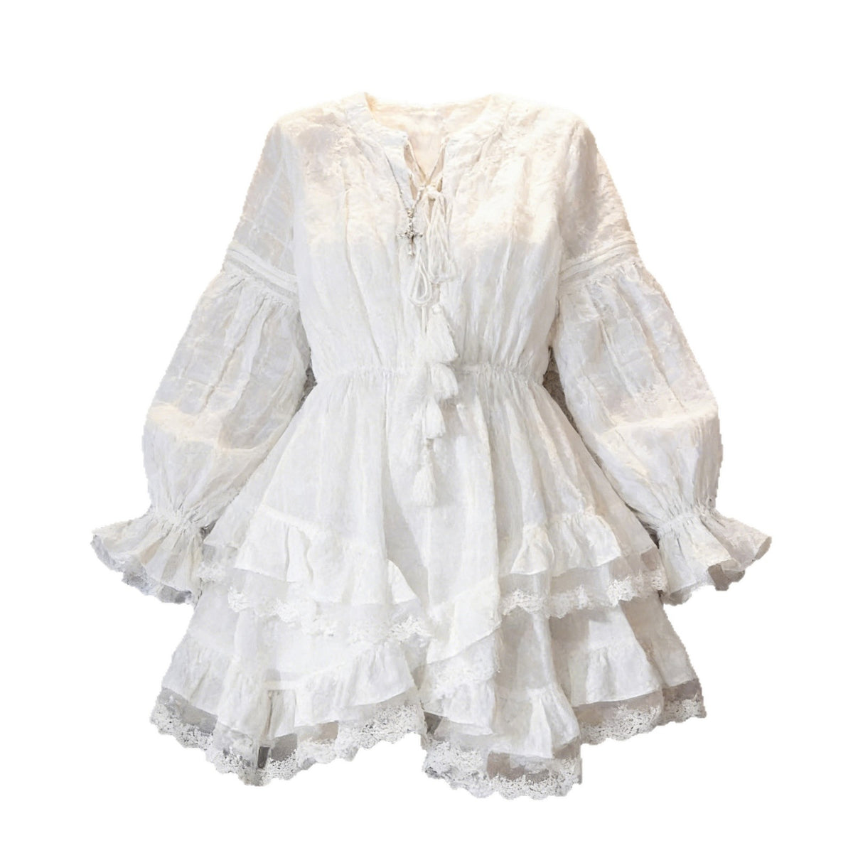 White Lace-Trim Ruffle Tie-Front Mini Dress