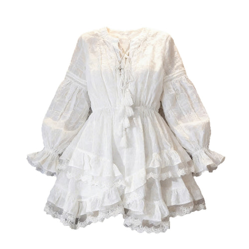 White Lace-Trim Ruffle Tie-Front Mini Dress