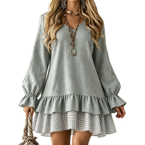 Plaid Patchwork V-Neck Ruffle-Hem Mini Dress