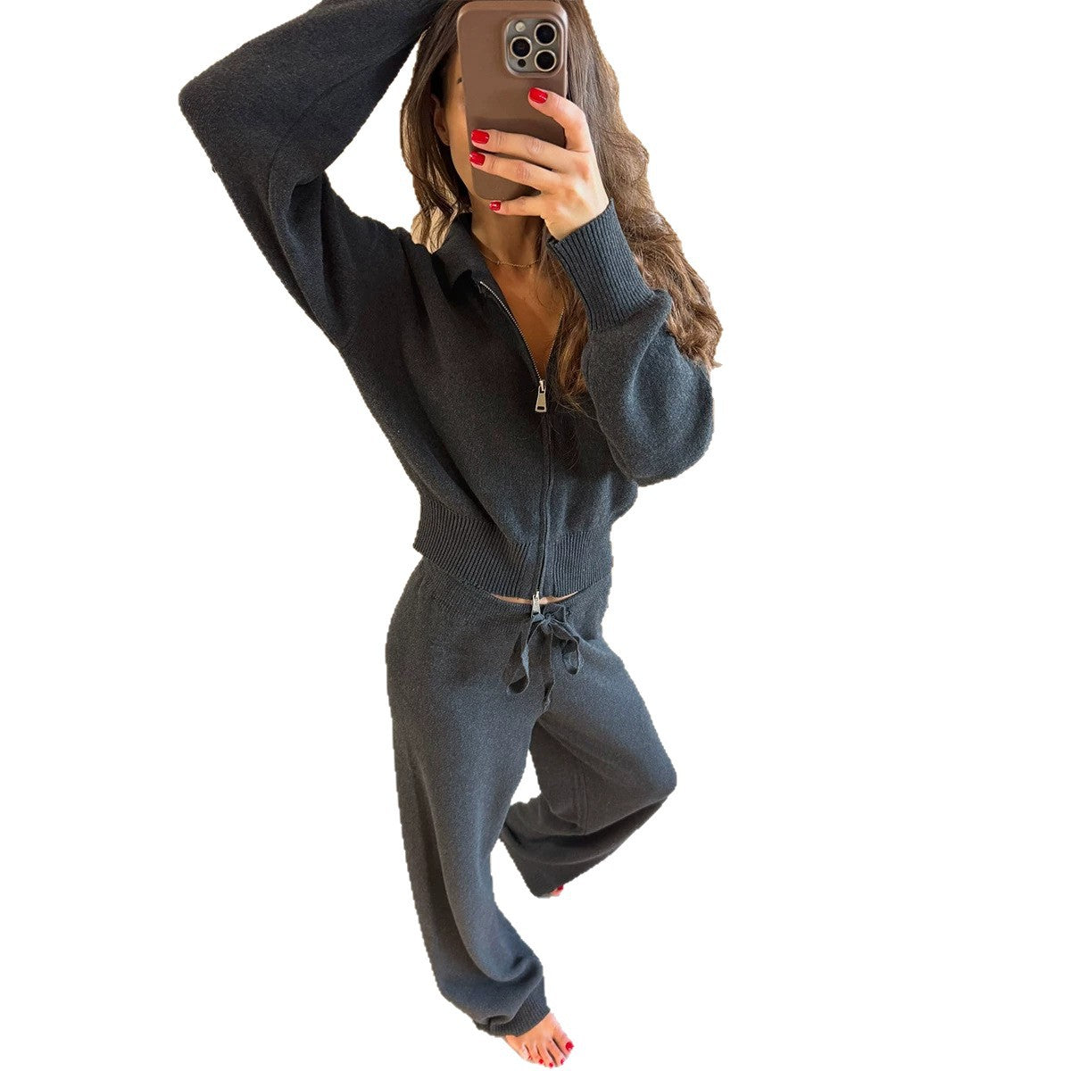 Zip-up Sweater Cardigan And Drawstring Knit Pants Set