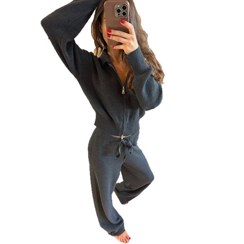 Zip-up Sweater Cardigan And Drawstring Knit Pants Set
