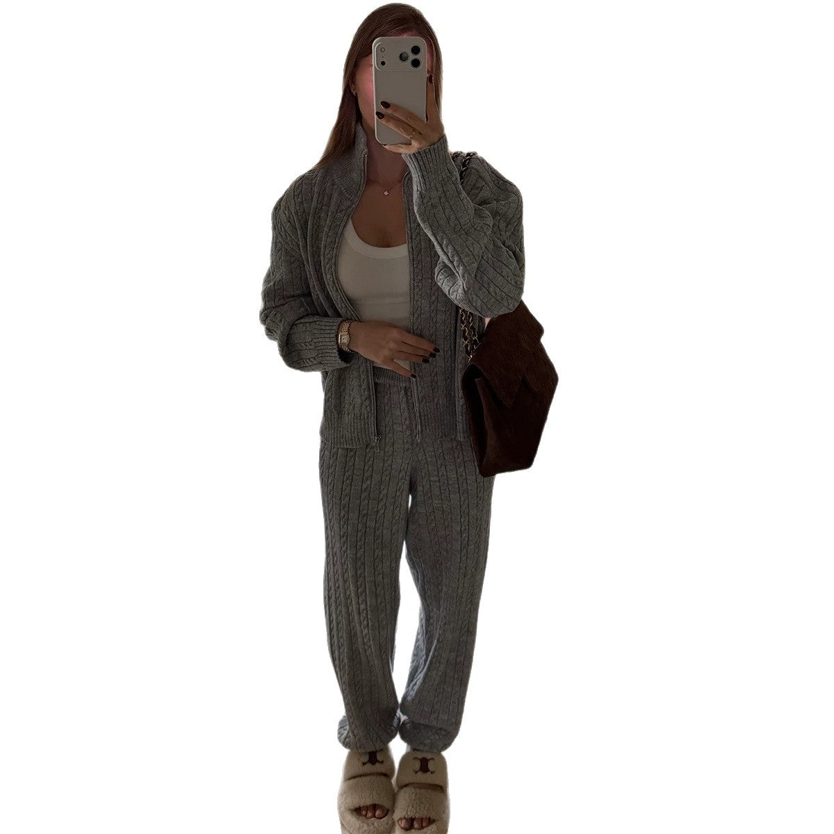 Warm Casual Cable-Knit Turtleneck Zip-Up Sweater And Pants Set