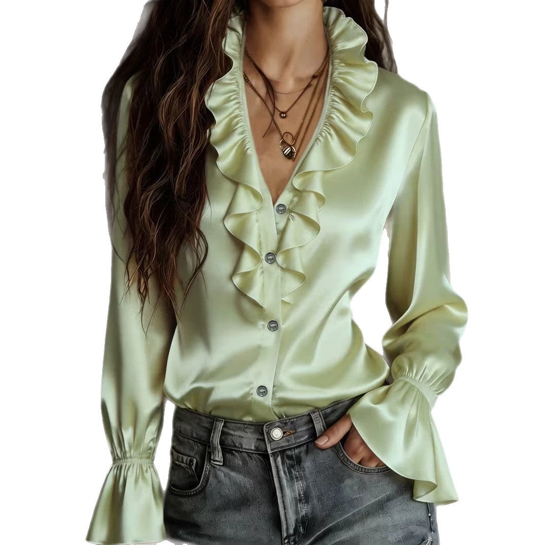 Satin Ruffle-Front Flared-Sleeve Blouse