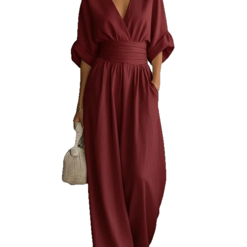V-Neck Wide-Leg Jumpsuit with Ruched Waistband