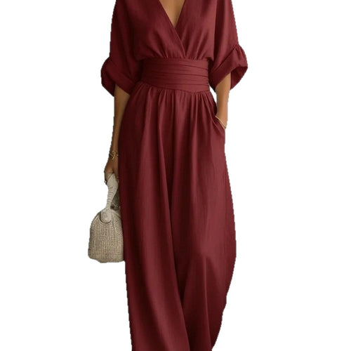 V-Neck Wide-Leg Jumpsuit with Ruched Waistband