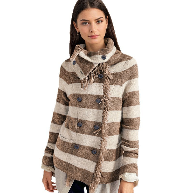 Khaki & Brown Contrast Stripe Fringed Knit Jacket
