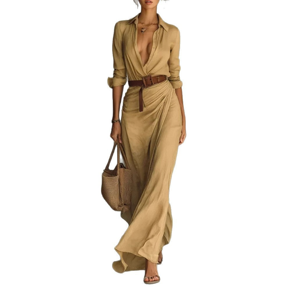 Deep V Shirt-Collar Ruched Maxi Dress