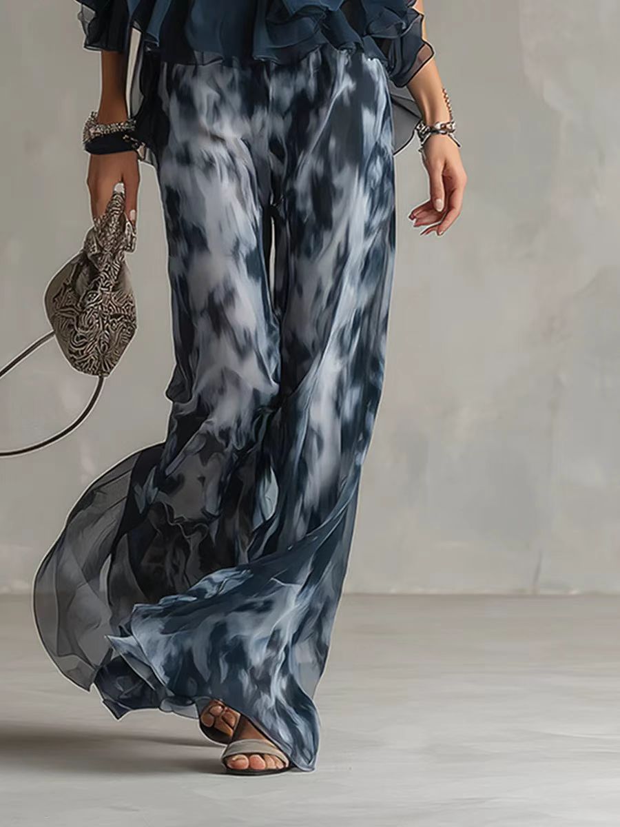 Navy Blue Halter Ruffle Top and Wide-Leg Pants Set