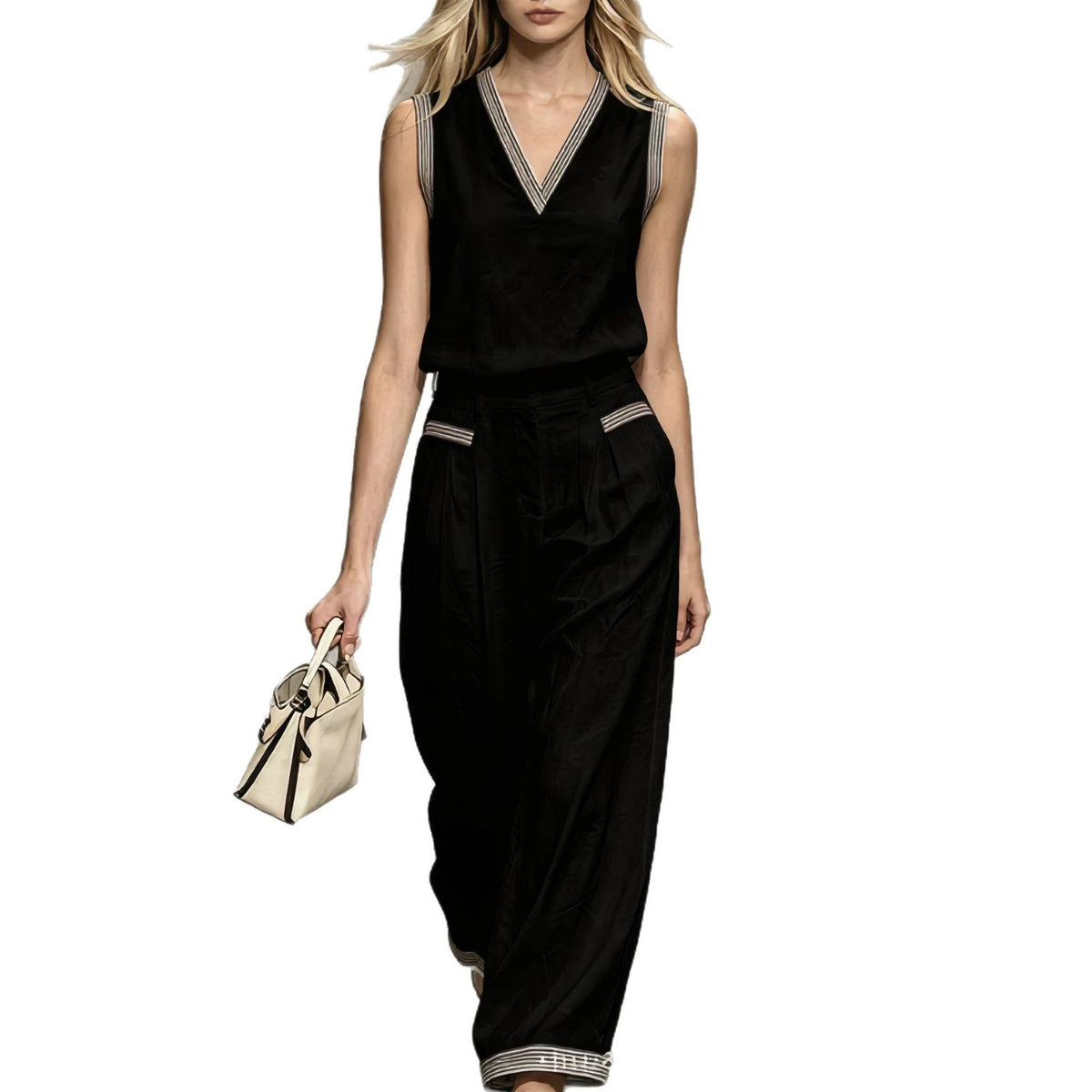V-neck Vest Linen Sleeveless Top Wide-leg Pants