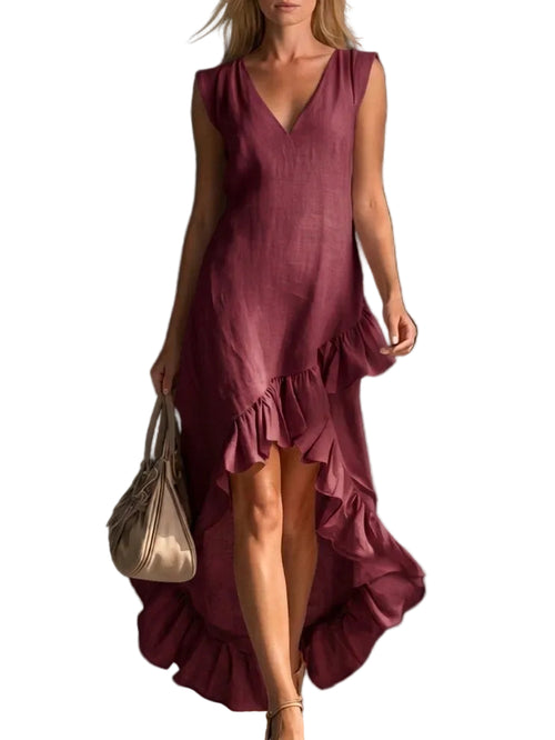 Sleeveless V-Neck High-Low Ruffle Maxi Dress
