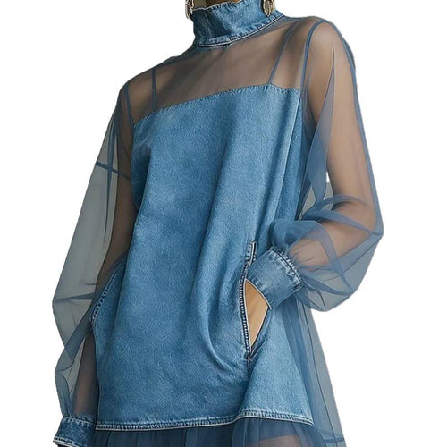 Patchwork Faux Collar Denim Dress