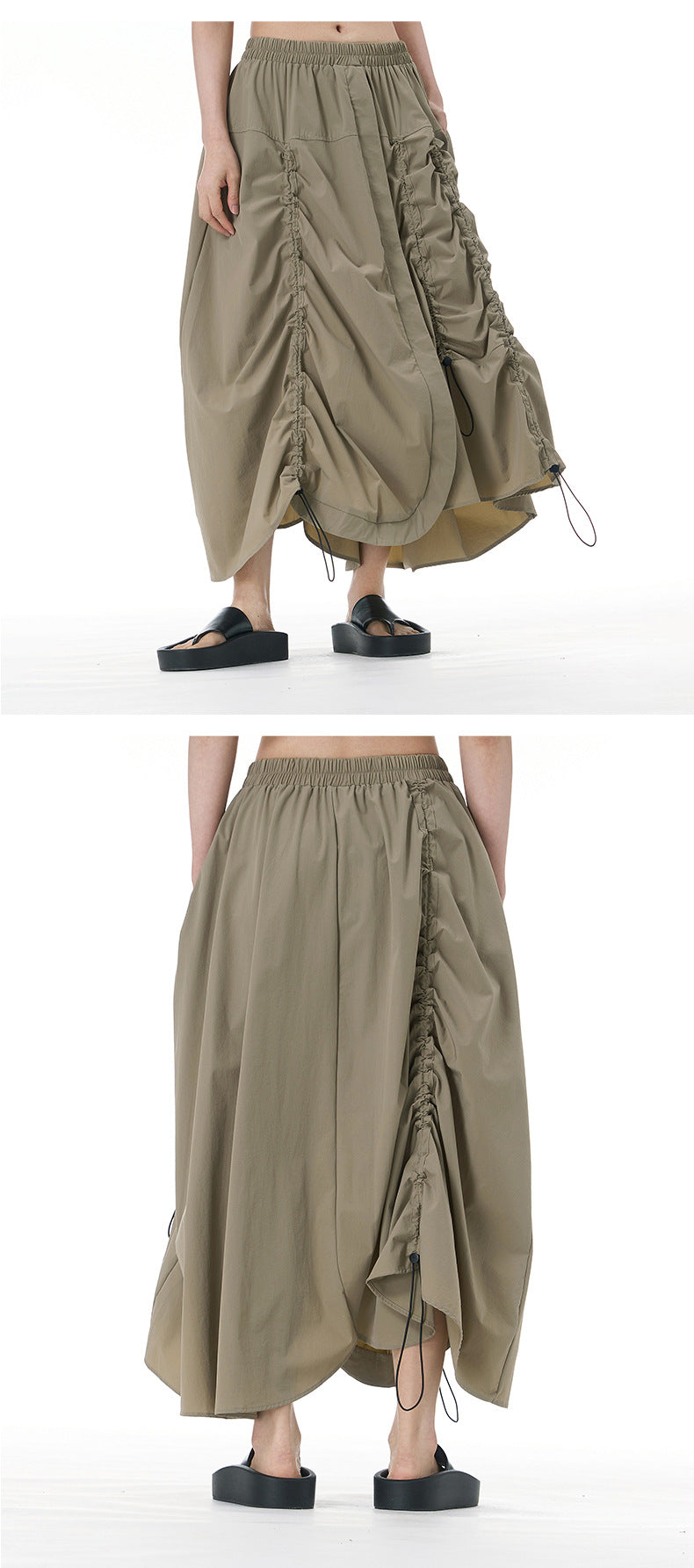 Pleated Drawstring Button-Detail Flare Midi Skirt