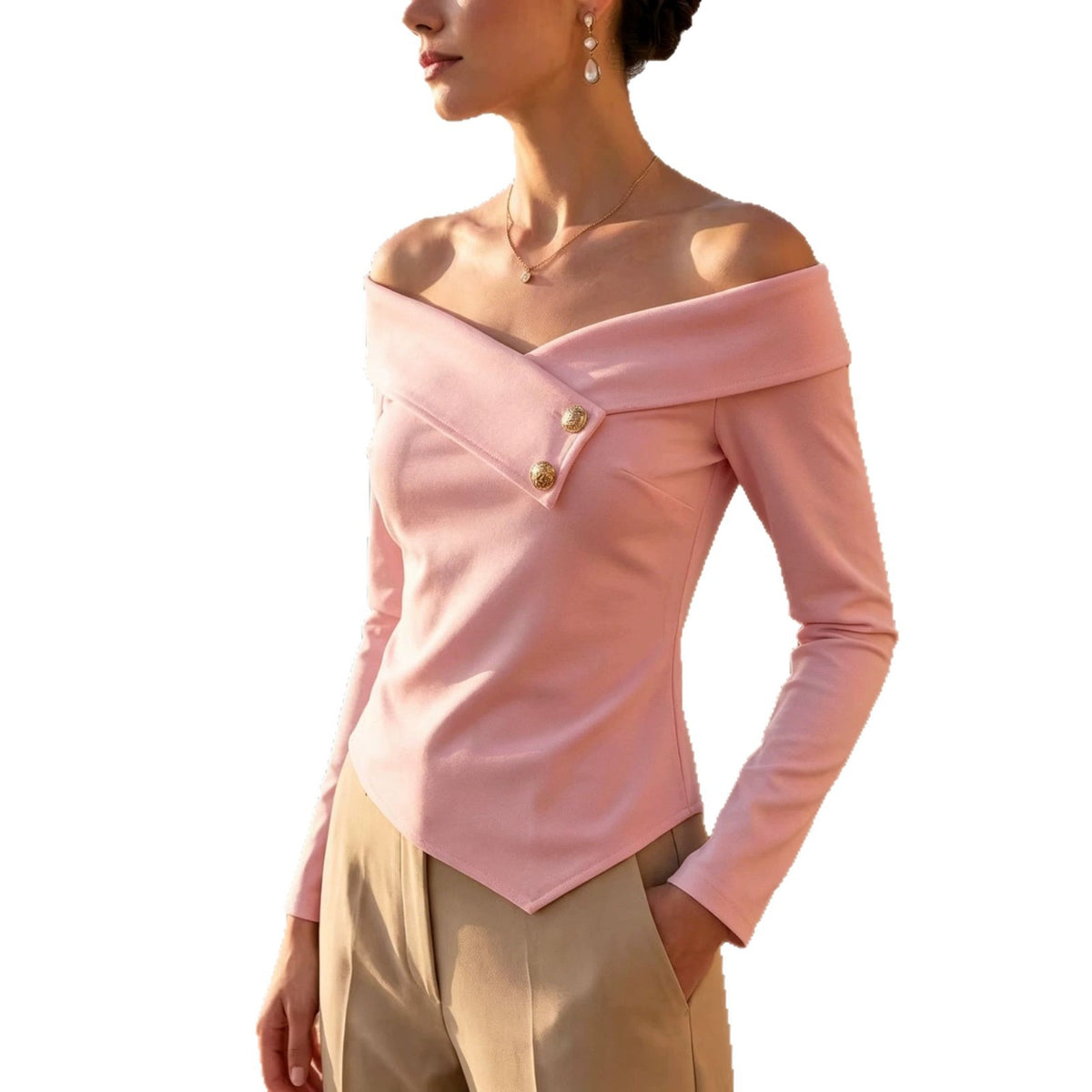 Off-Shoulder Fold-Over Collar Button-Detail Slim-Fit Top