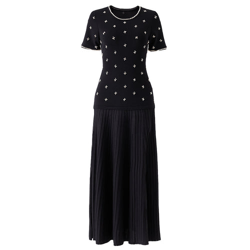 Geometric Embellished Knitted Pleated Maxi Dress