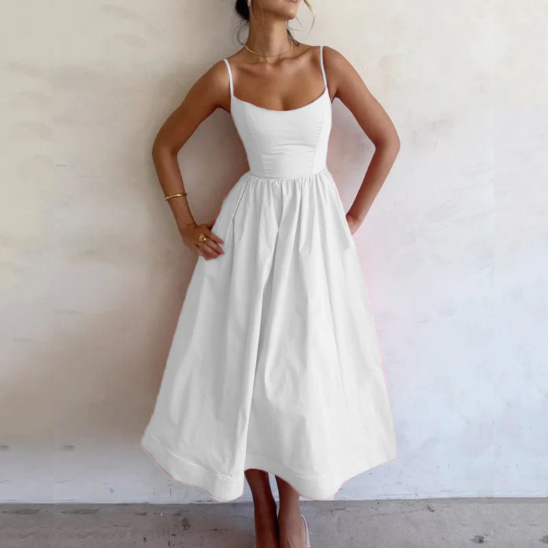 Square-Neck Spaghetti-Strap A-Line Midi Dress