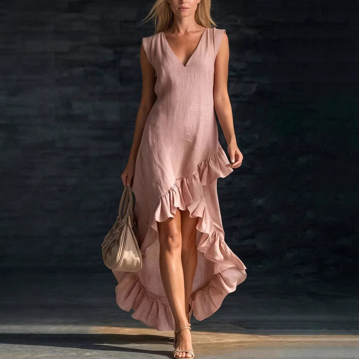 Sleeveless V-Neck High-Low Ruffle Maxi Dress