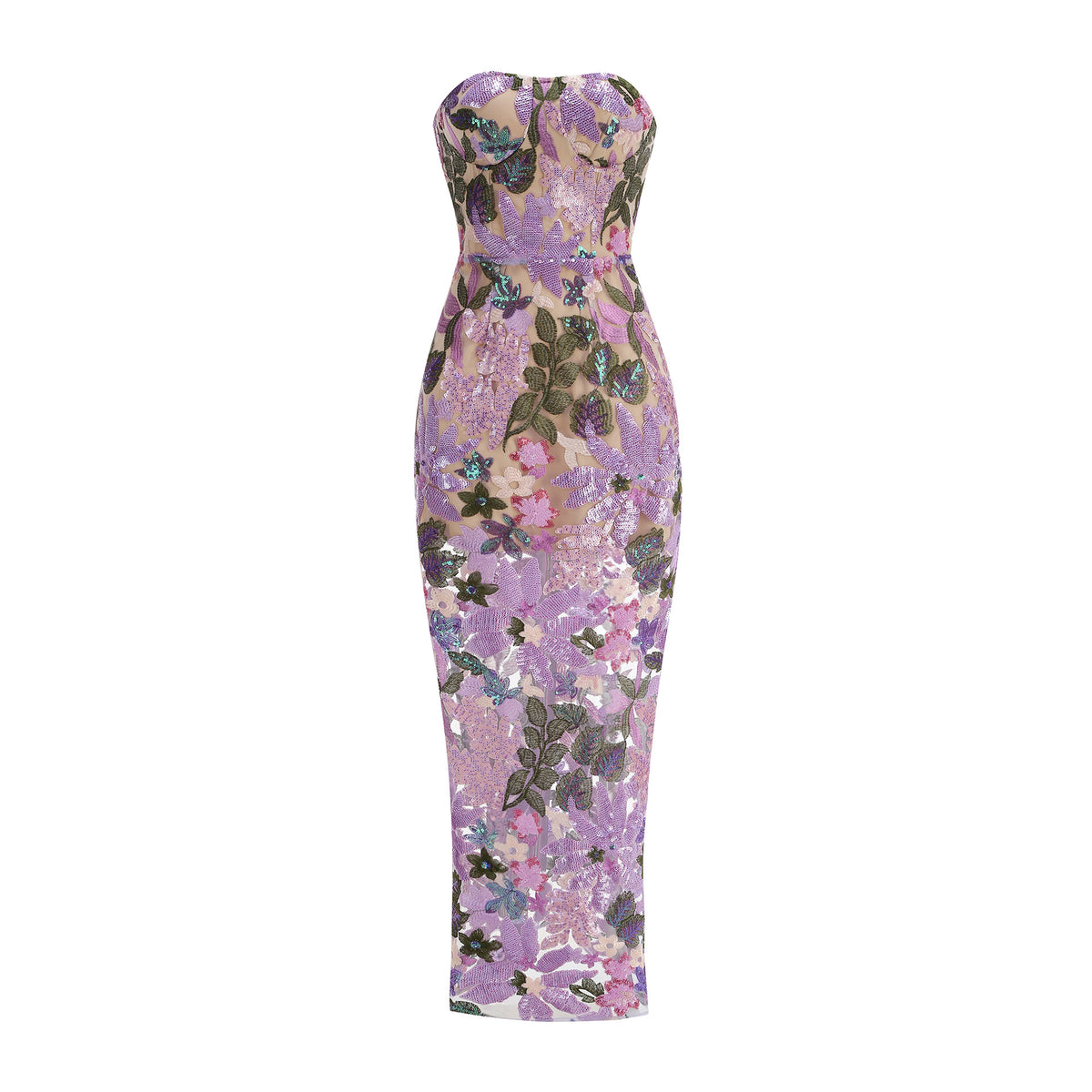 Embroidered Beaded Floral Strapless Dress