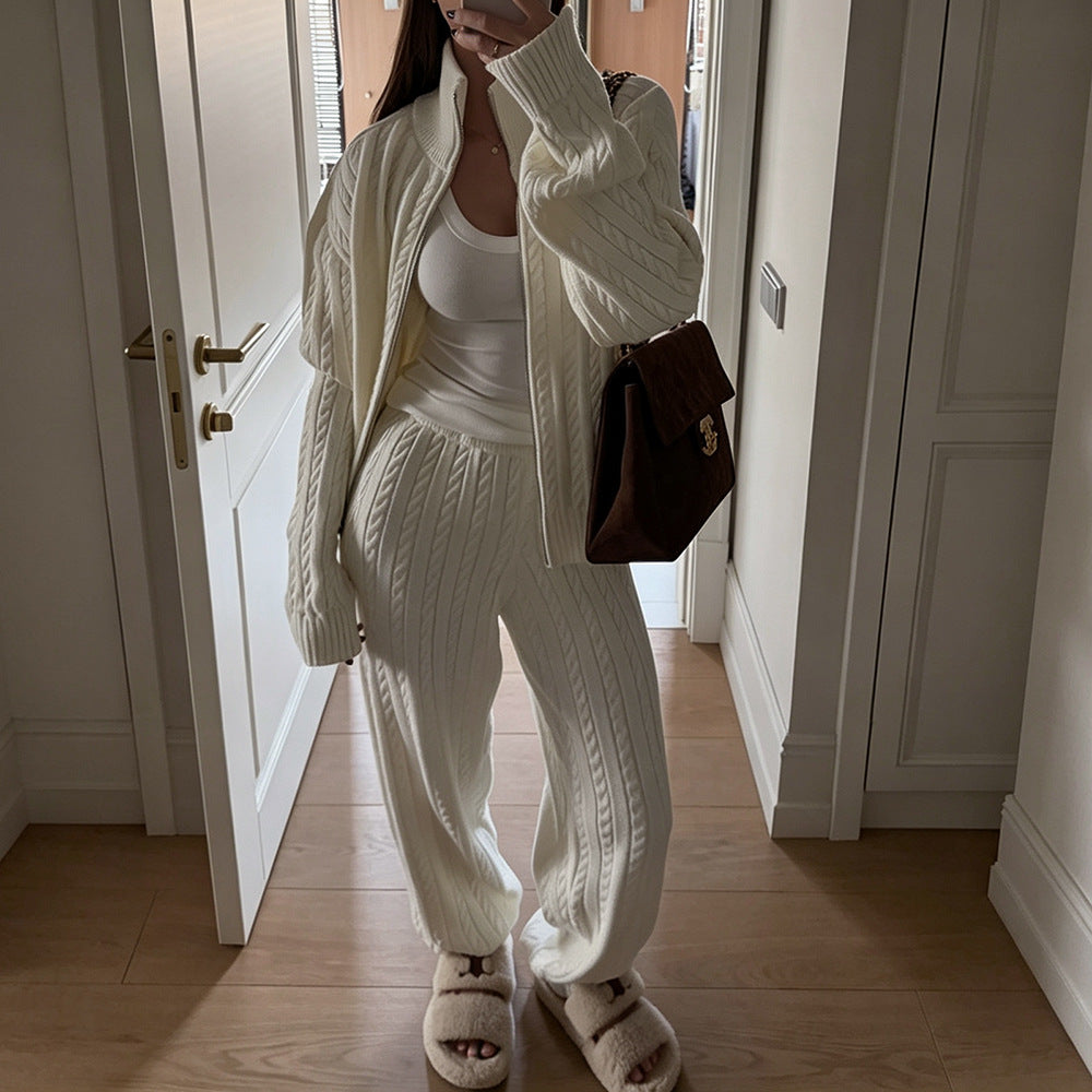 Warm Casual Cable-Knit Turtleneck Zip-Up Sweater And Pants Set
