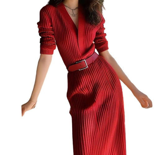 Pleated Knit V-Neck Belted Maxi Dress