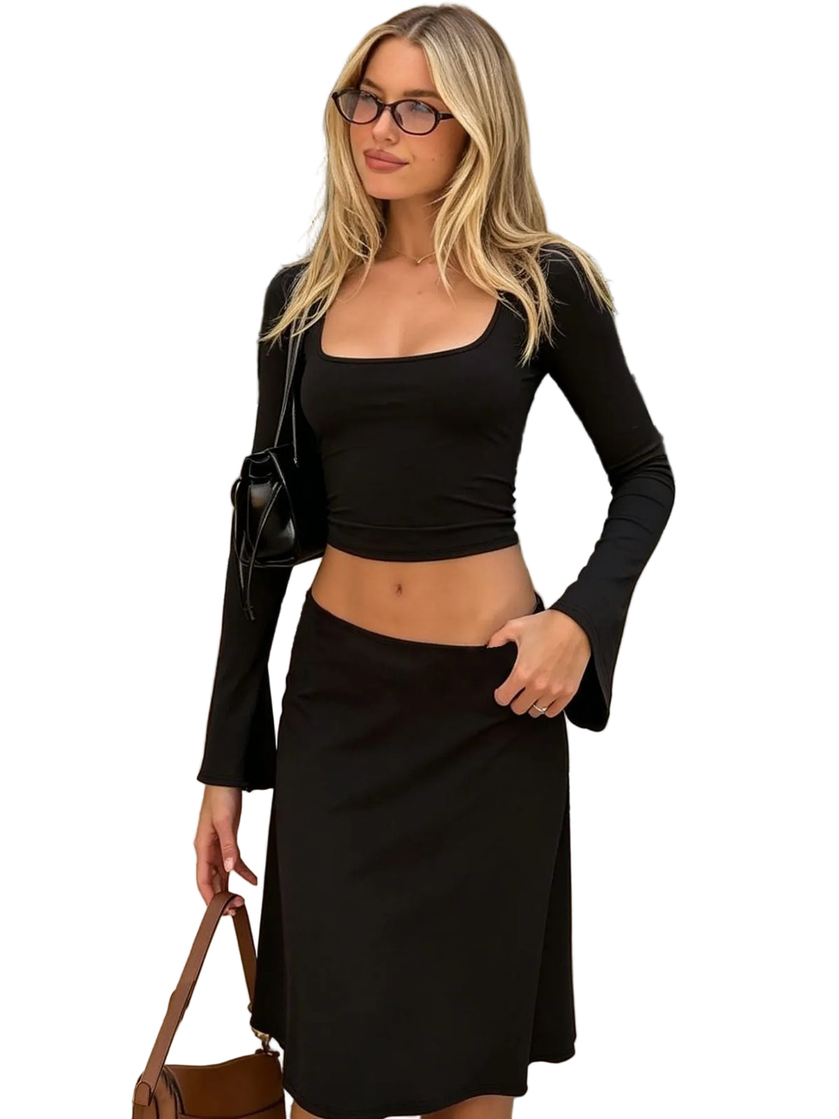 Fashionable U-neck Long-sleeve Top And Skirt Set