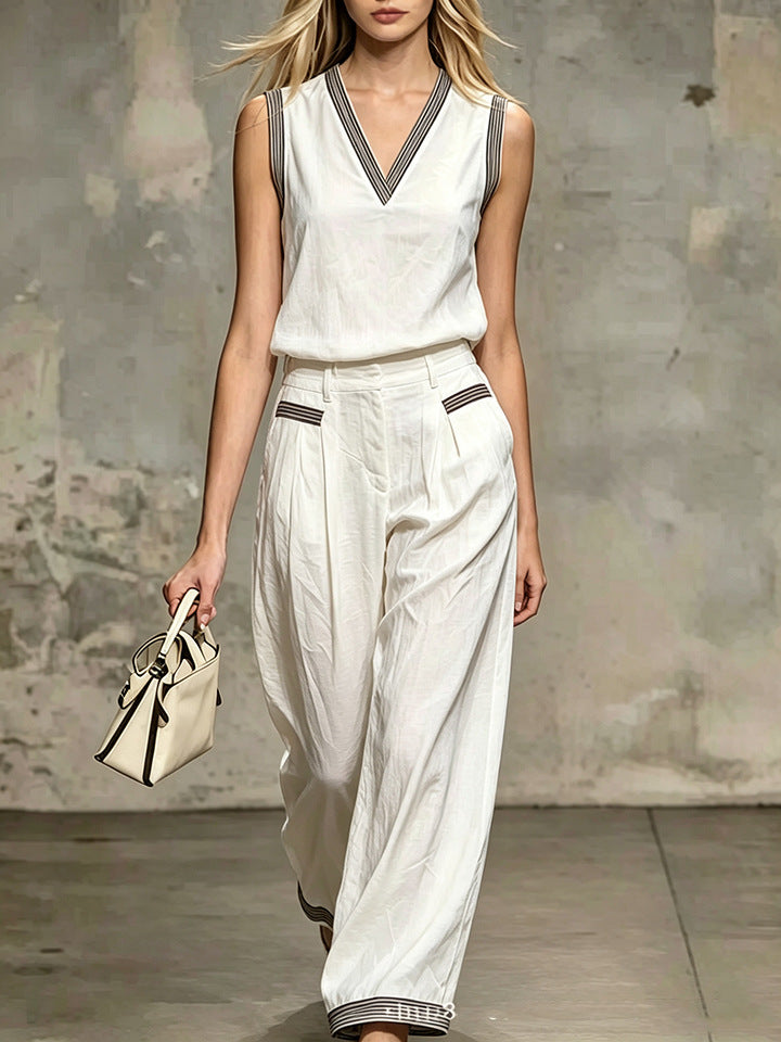 V-neck Vest Linen Sleeveless Top Wide-leg Pants