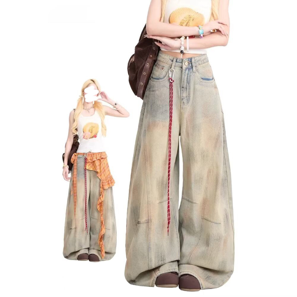 Washed High-Waisted Wide-Leg Rope-Detail Jeans