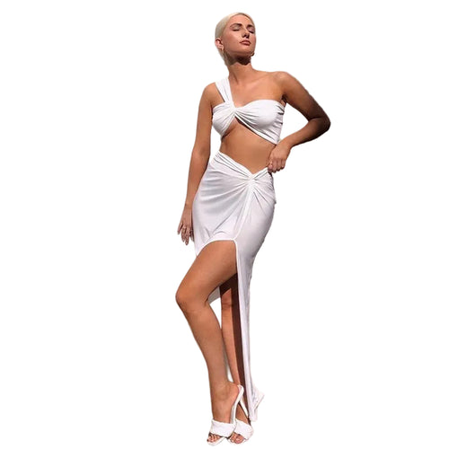Temperament Elastic Tube Top Irregular Top + Twisted Slit High Waist Skirt Suit Y