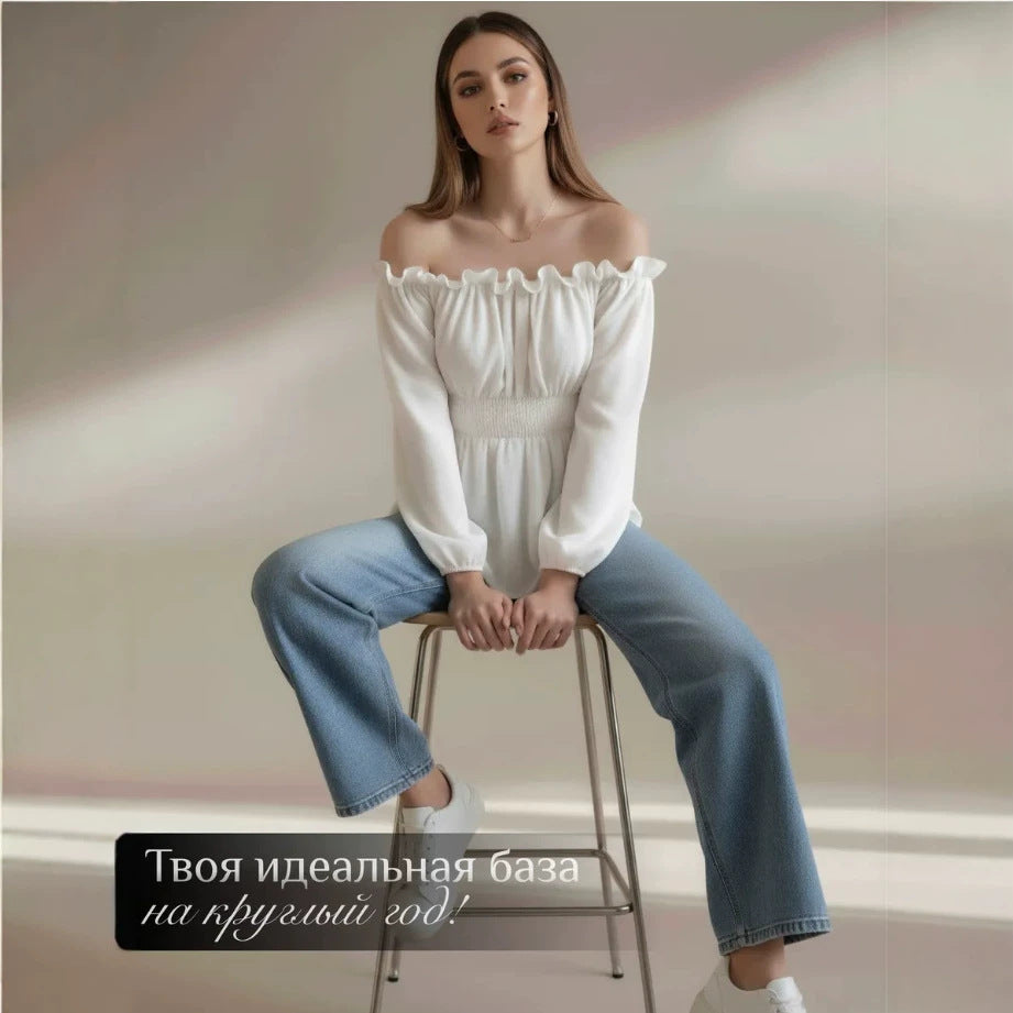 Off-Shoulder Smocked Flared-Sleeve Blouse
