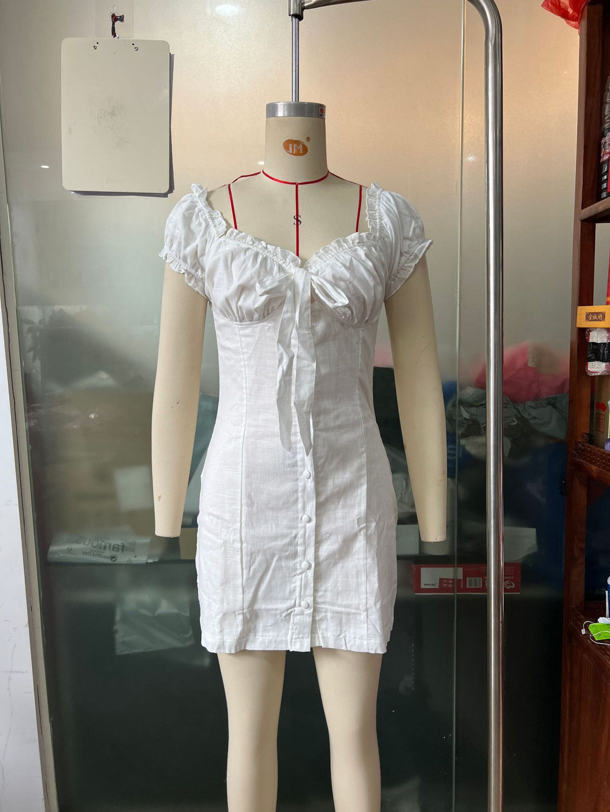 New Cotton-Linen Single-Breasted Off-Shoulder Lace-Up Puff-Sleeve Sheath Dress
