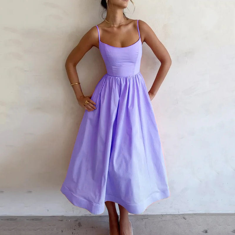 Square-Neck Spaghetti-Strap A-Line Midi Dress