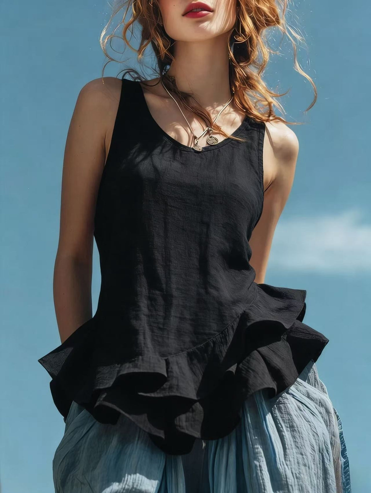 Washed Linen-Blend Ruffle-Hem Sleeveless Top