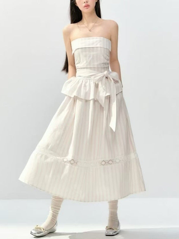 Striped Spaghetti Straps Bandeau Slim-fit Slimming Lace Up Dress