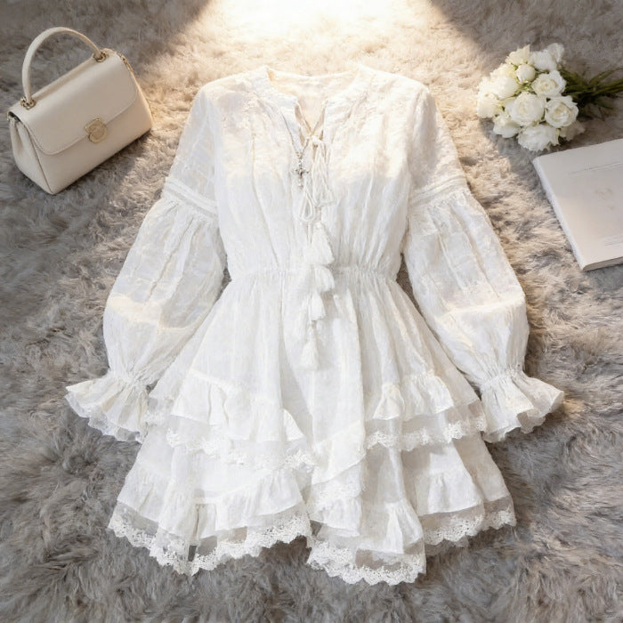 White Lace-Trim Ruffle Tie-Front Mini Dress
