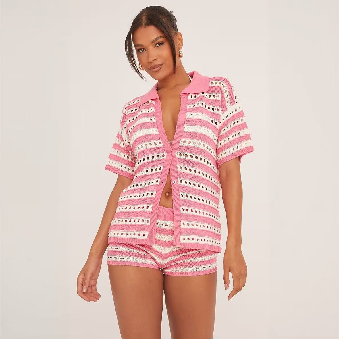 Contrast-Trim Crochet Knit Top and Shorts Set