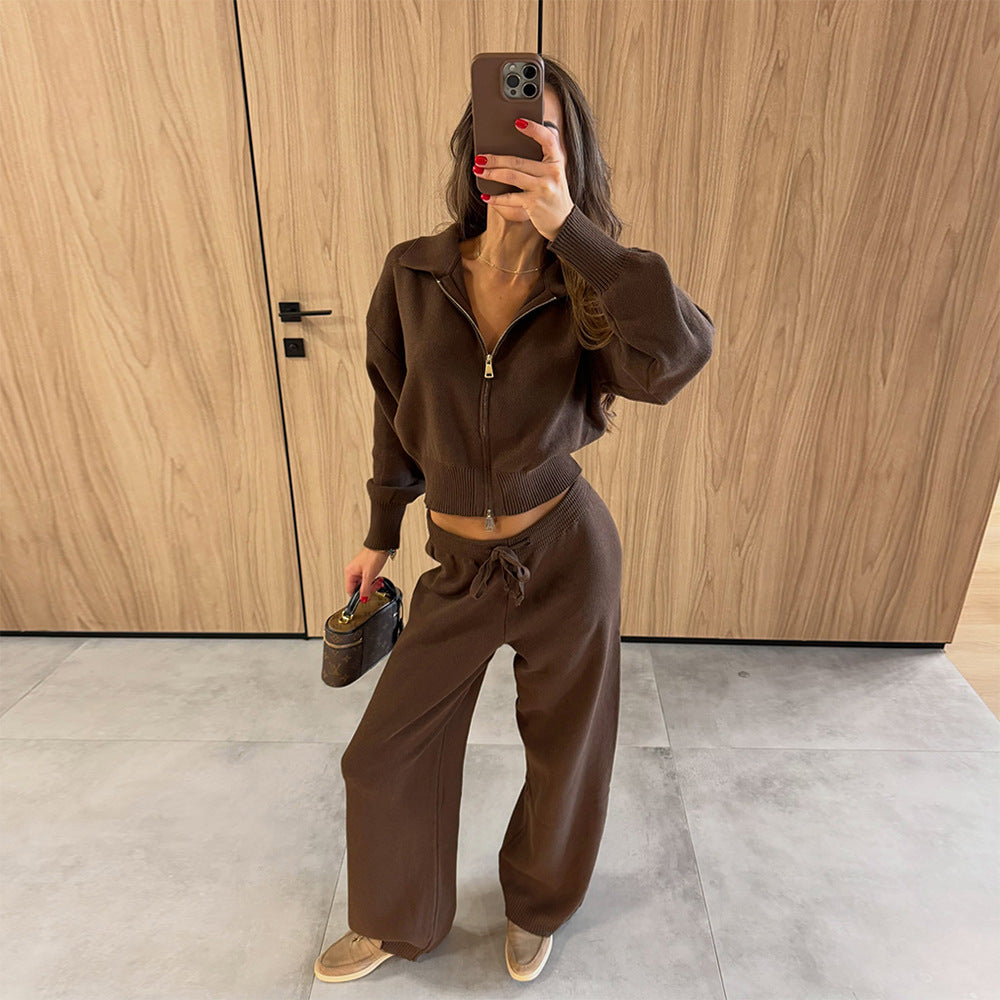 Zip-up Sweater Cardigan And Drawstring Knit Pants Set
