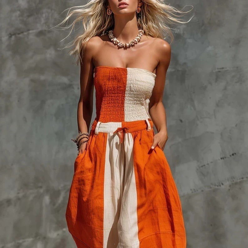 Sleeveless Color-Block Elastic-Waist Wide-Leg Jumpsuit
