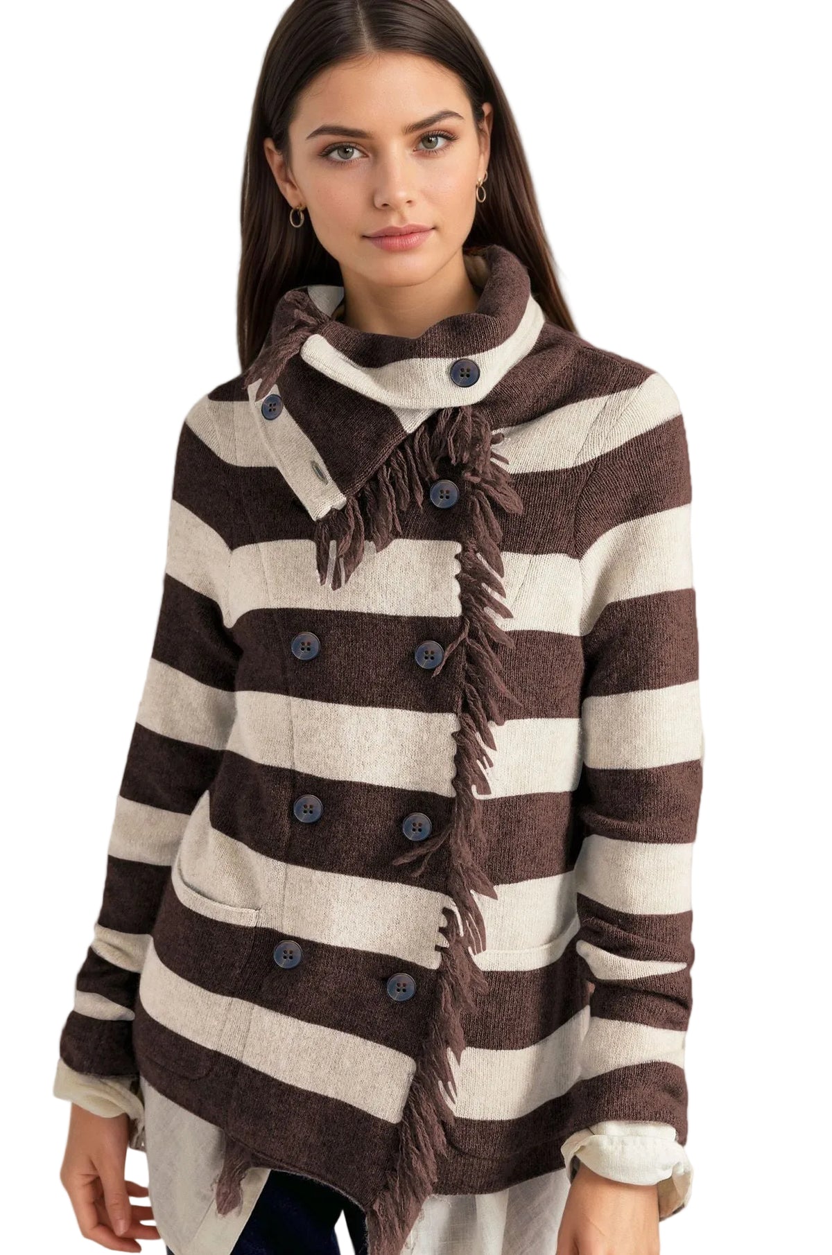 Khaki & Brown Contrast Stripe Fringed Knit Jacket
