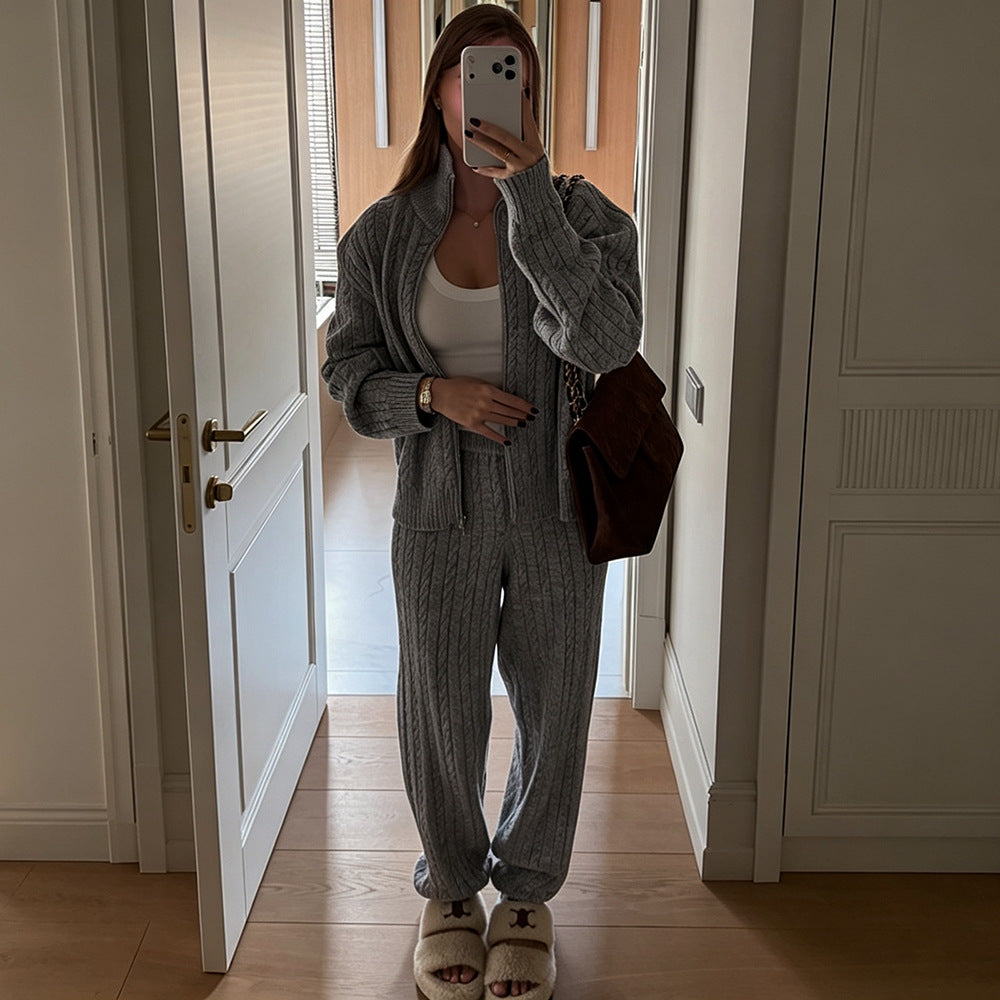 Warm Casual Cable-Knit Turtleneck Zip-Up Sweater And Pants Set