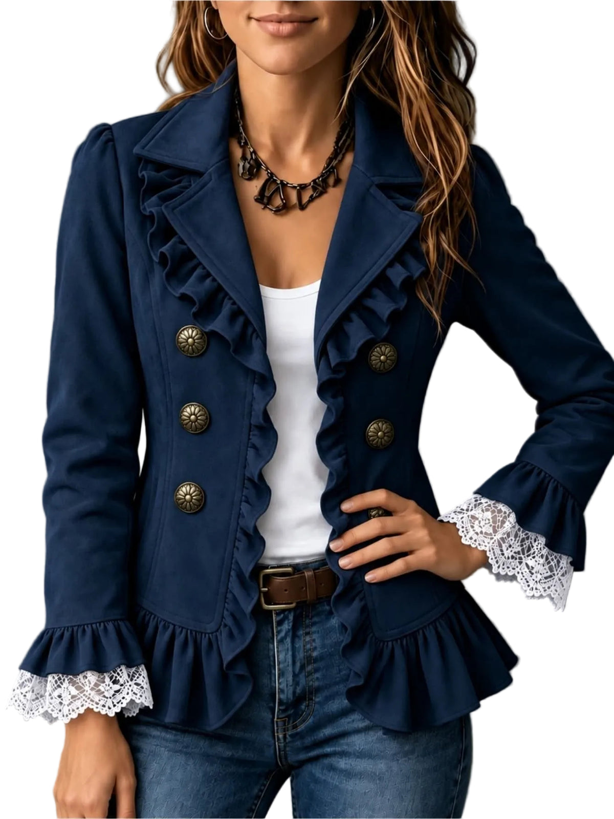 Navy ruffle trim double-breasted peplum blazer with lace cuffs