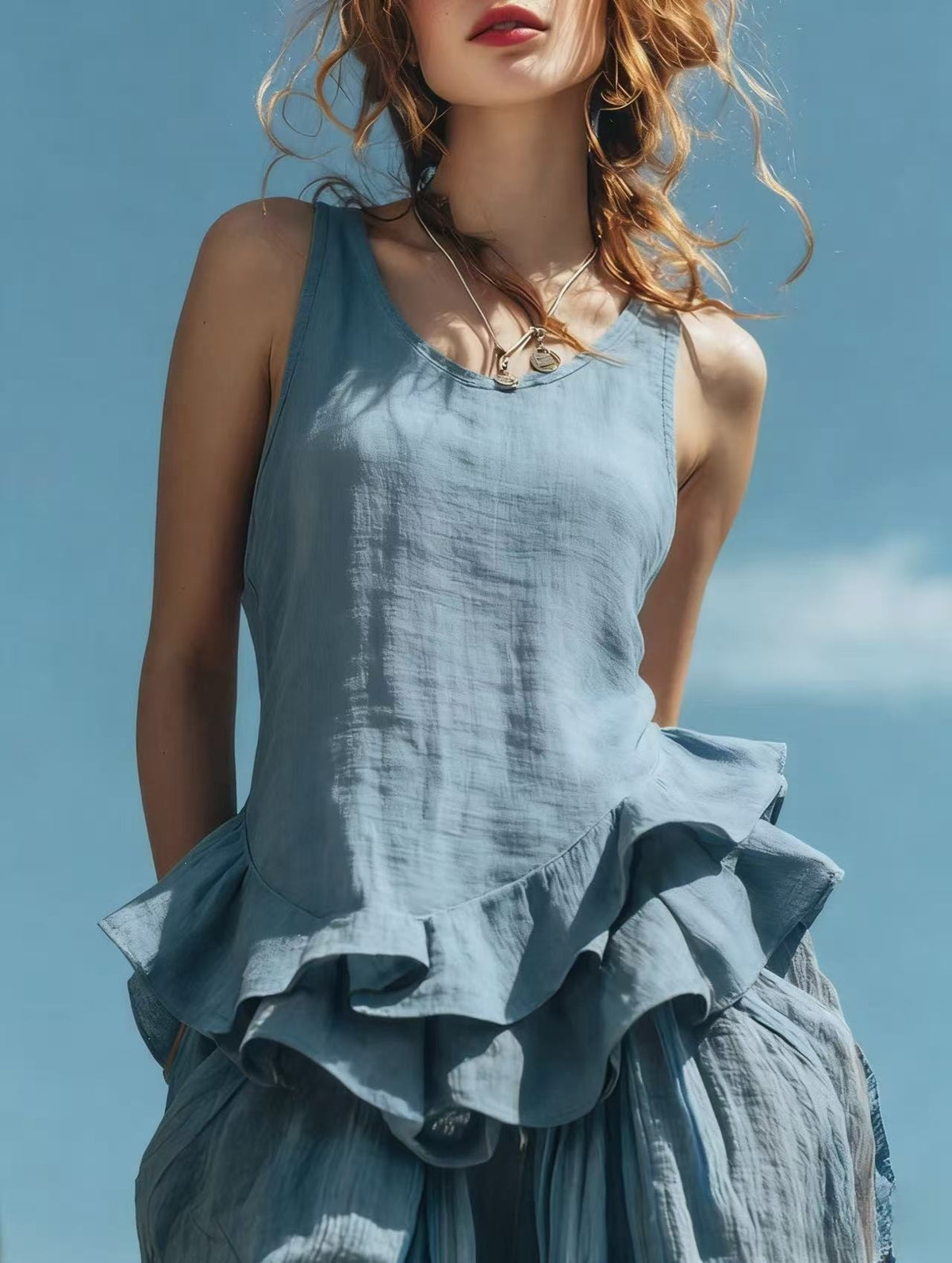 Washed Linen-Blend Ruffle-Hem Sleeveless Top